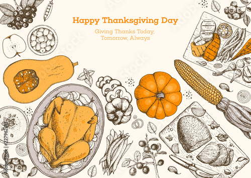 Thanksgiving day top view vector illustration. Food hand drawn sketch. Festive dinner with turkey and potato, apple pie, vegetables, fruits and berries. Autumn food sketch. Engraved image.