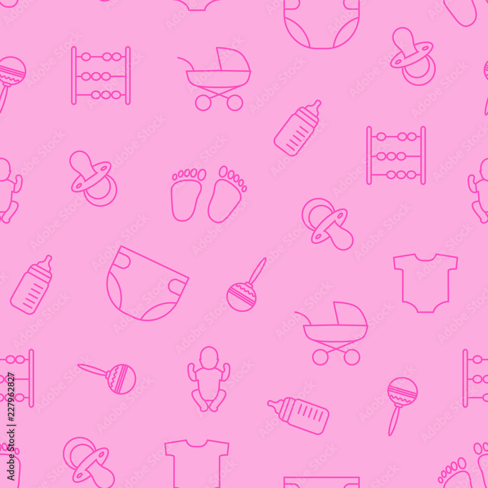 Vector pink seamless pattern of baby stuff. Baby objects seamles Vector pink seamless pattern of baby stuff. Baby objects seamles