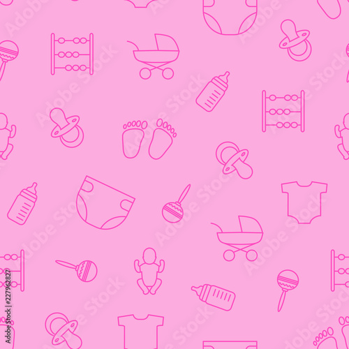 Vector pink seamless pattern of baby stuff. Baby objects seamles