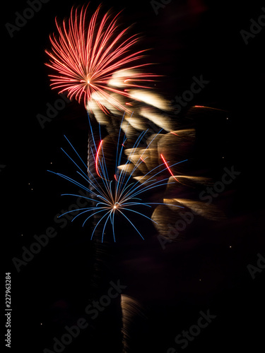 Firework Bursts in Air Against Dark Night Sky photo