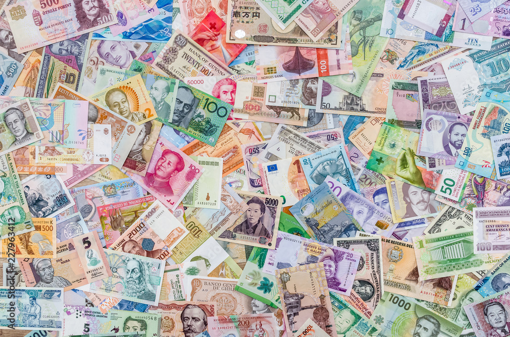 World money collection top view and closeup World money collection top view and closeup