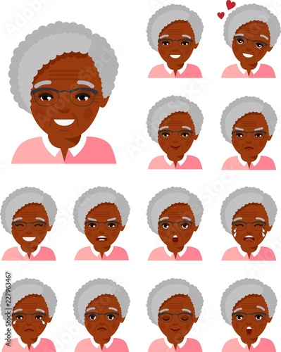 Set of different african american avatar old women in colorful flat style. Collection of various emotion expression avatar age female happy, angry, sad, funny.