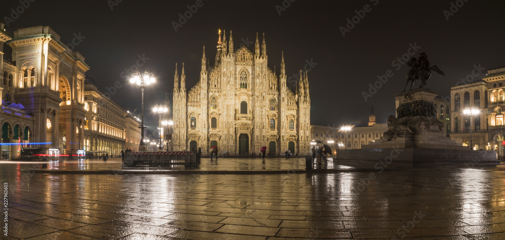 Milan, Italy: night view of Milan Cathedral (Duomo di Milano), Vittorio Emanuele II Gallery and piazza del Duomo