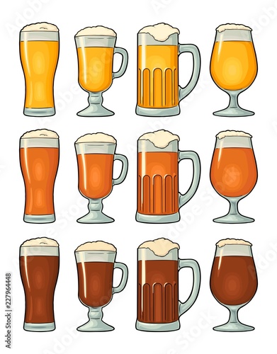 Four different glasses with three types beer. Vintage color engraving