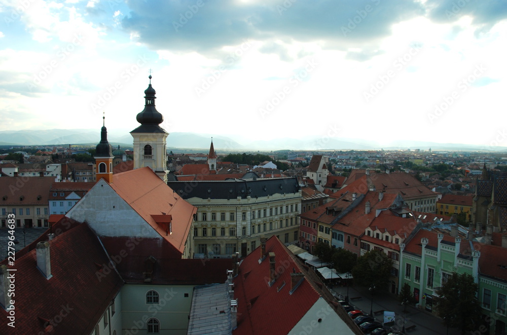 Obraz premium Sibiu city rooftop panorama with tower of Town Hall, Romania