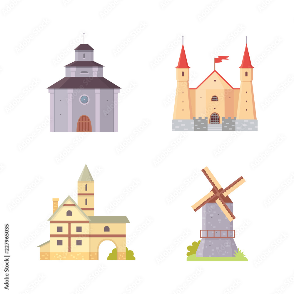 Old castle, europe palace building vector illustrations. Medieval historical buildings, architecture Towers and old city houses.
