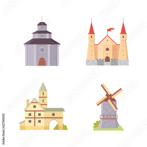Old castle, europe palace building vector illustrations. Medieval historical buildings, architecture Towers and old city houses.