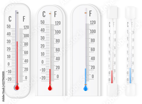 Classic outdoor and indoor fahrenheit and celsius thermometers set for meteorological measurements realistic vector illustration