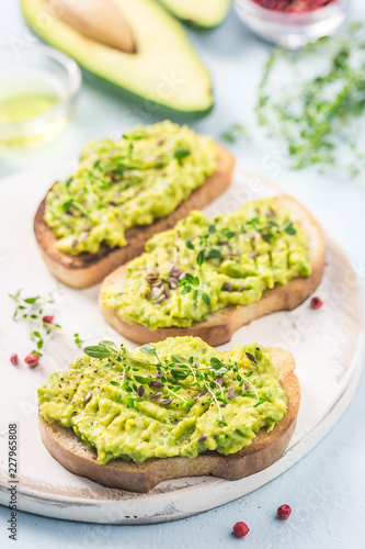 Smashed avocado sea salt and herbs toast. Selective fcous, space for text.