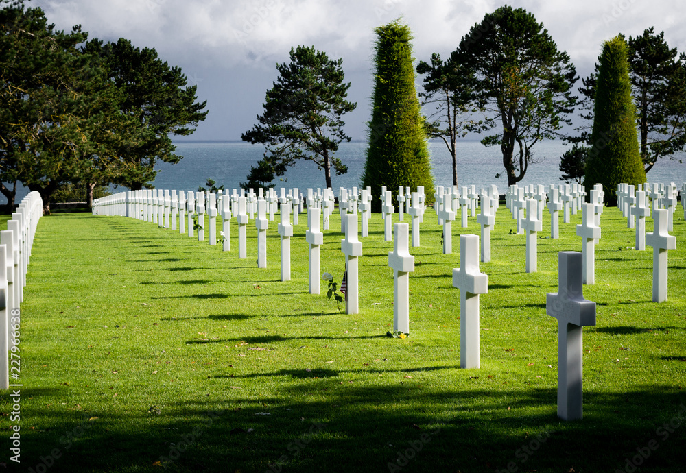 White crosses in American War Cemetery near Omaha Beach, Normandy (Colleville-sur-Mer), France