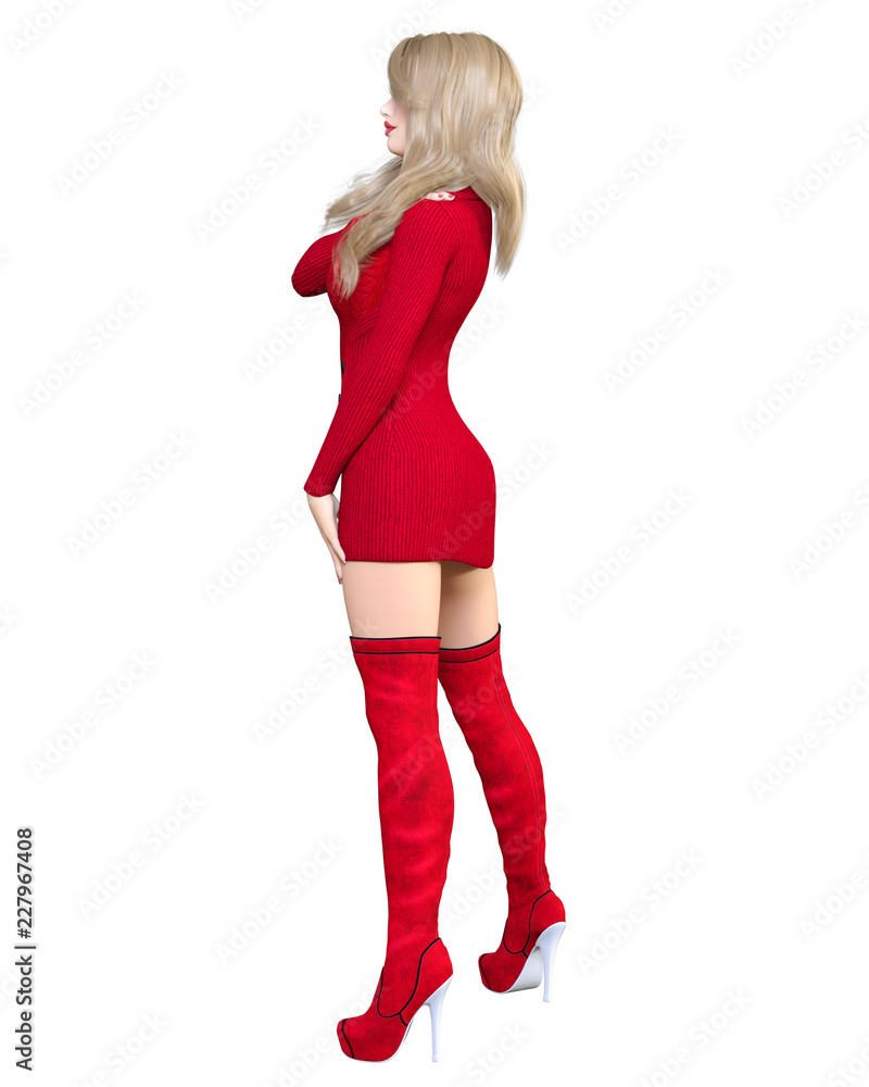 3D beautiful blonde short red knitted tunic dress long boots.Spring-autumn collection clothes.Bright makeup.Woman studio photography.Conceptual fashion art.Seductive candid pose.Render illustration. 3D beautiful blonde short red knitted tunic dress long boots.Spring-autumn collection clothes.Bright makeup.Woman studio photography.Conceptual fashion art.Seductive candid pose.Render illustration.