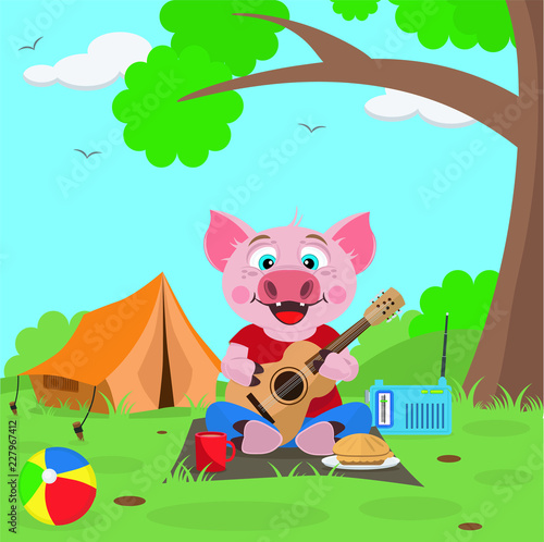 Pig resting in the woods with a tent and a guitar. Vector illustration on the theme of the campaign. Symbol of 2019.