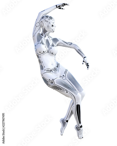 Robot woman. Metal droid. Artificial Intelligence. Conceptual fashion art. Realistic 3D render illustration. Studio  isolate  high key.