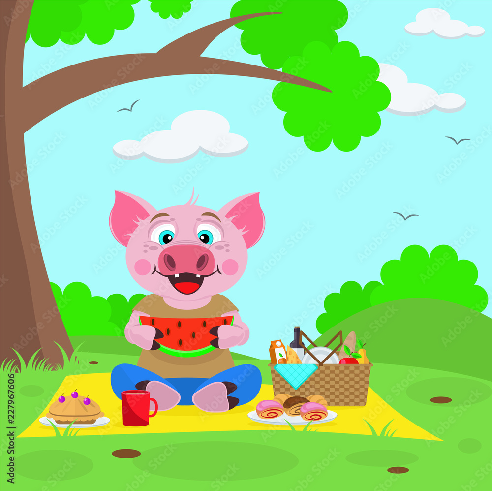 The pig went on a picnic. Vector illustration on the theme of the campaign. Symbol of 2019. The pig went on a picnic. Vector illustration on the theme of the campaign. Symbol of 2019.