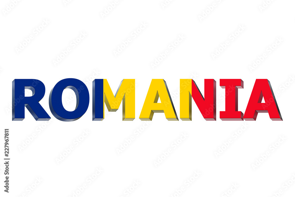 Flag of Romania on text background.