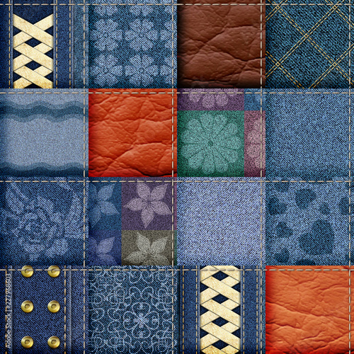 seamless leather and jeans patchwork background