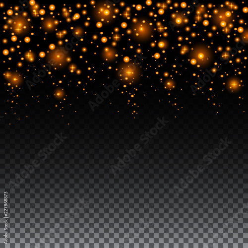 Golden shimmer texture for backdrop design. Gold dust is strewed. Twinkling stars and bokeh among the golden dust. Vector. Eps10.