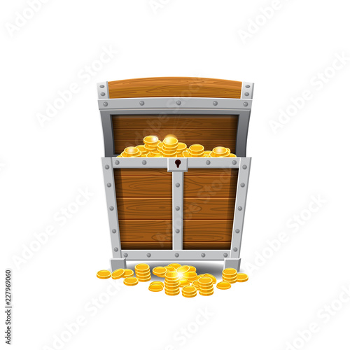 Wooden old pirate chests, full of treasures, gold coins, treasures, vector, cartoon style, illustration, isolated. For games, advertising applications