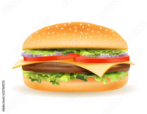 classic hamburger with meat chop tomato onion and cheese in a bun stock vector illustration
