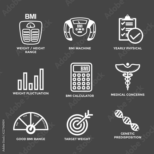 BMI - Body Mass Index Icon Set with BMI Machine, weight scale, etc