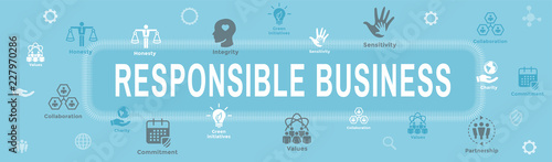 Social Responsibility - Web Banner Icon Set and Web Header Banner w Honesty, integrity, collaboration, etc