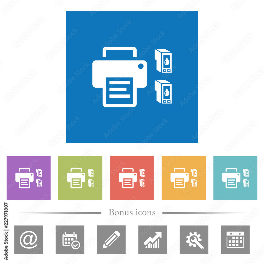 Printer and ink cartridges flat white icons in square backgrounds Printer and ink cartridges flat white icons in square backgrounds