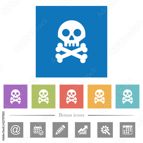 Skull with bones flat white icons in square backgrounds