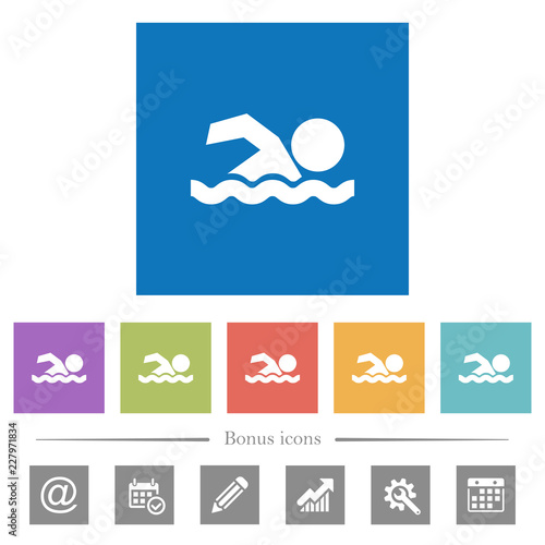 Swimming man flat white icons in square backgrounds