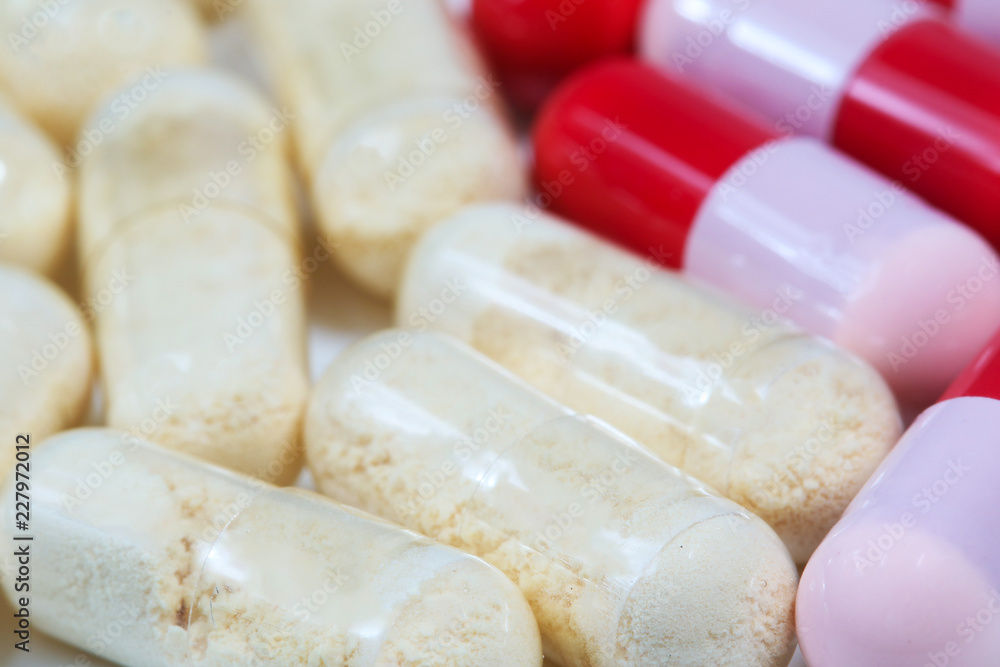 Closeup of red and pink and transparent antibiotics capsule Closeup of red and pink and transparent antibiotics capsule