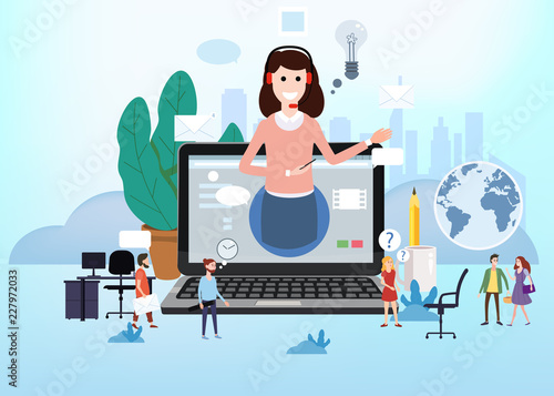 Concept online assistant, customer and operator, call centre, online global technical support 24-7. Vector illustration female hotline operator advises client, virtual help service.