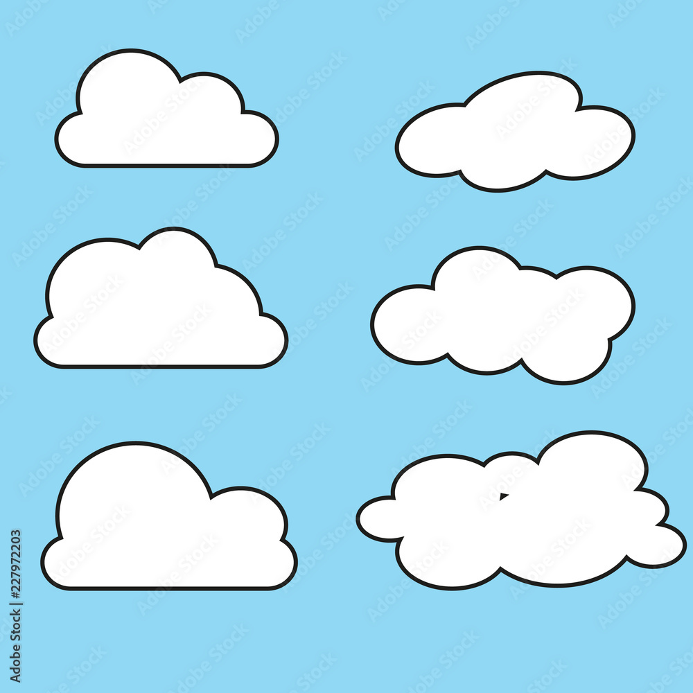 White cloud icon set. Fluffy clouds. Cute cartoon cloudscape. Cloudy weather sign symbols. Flat design Web, app decoration element. Blues sky background. Isolated. Vector illustration White cloud icon set. Fluffy clouds. Cute cartoon cloudscape. Cloudy weather sign symbols. Flat design Web, app decoration element. Blues sky background. Isolated. Vector illustration