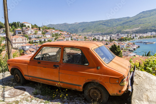 Fototapeta Naklejka Na Ścianę i Meble -  Retro car on an Old Town street of Ohrid Macedonia