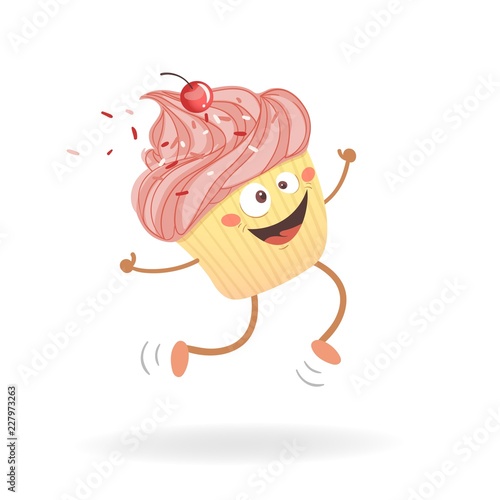 Sweet card with happy cupcake with cherry. Cute vector illustration.