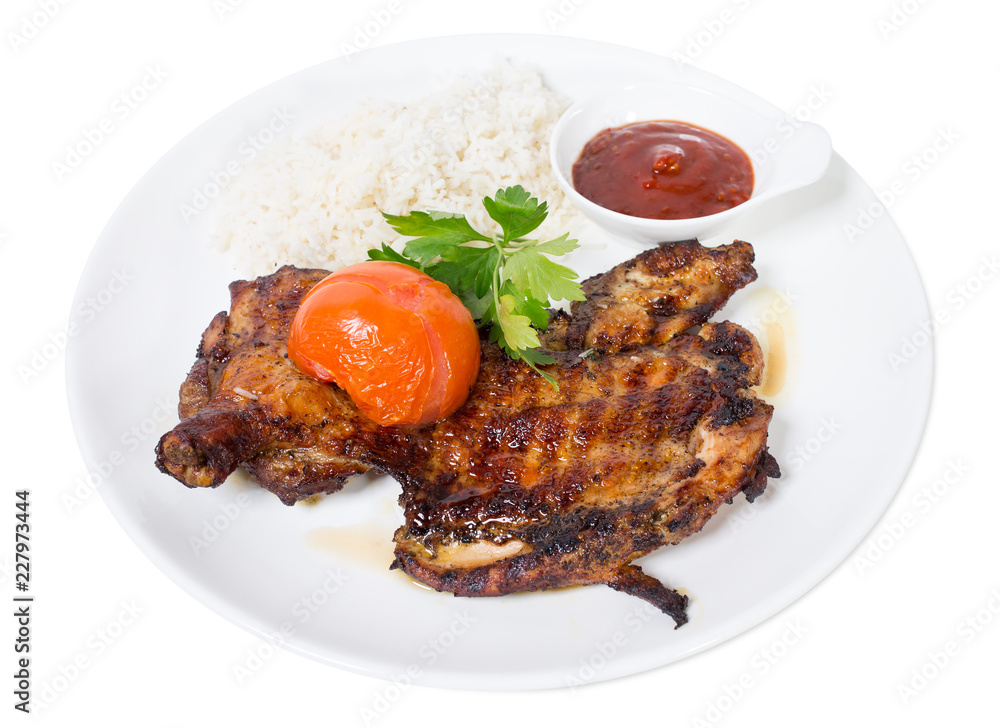 Grilled chicken tabaka with rice.