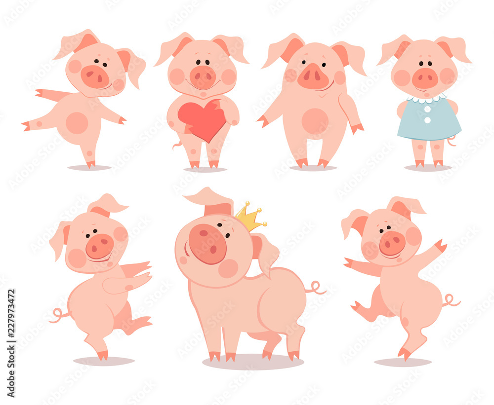 Cartoon little dancing piglets. The year of the pig. Chinese New