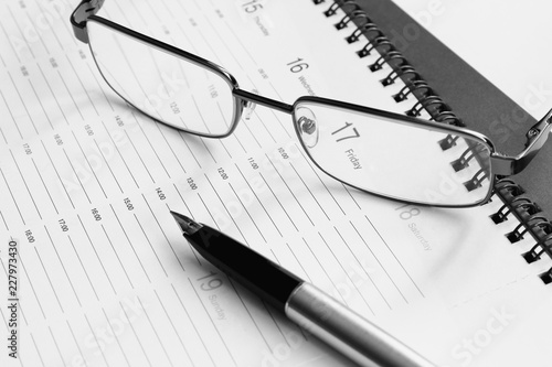 Plan for the week. Glasses in a metal frame and pen with an open gold pen on the organizer. Black and white photography