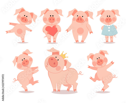 Cartoon little dancing piglets. The year of the pig. Chinese New