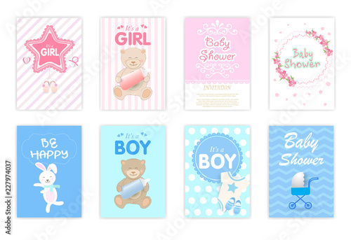 Set of baby shower cards, birthday card, greeting card cute cartoon illustration