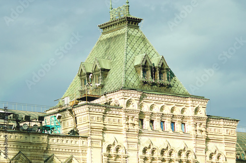 MOSCOW, RUSSIA - July 05, 2018: roof and a fragment of the building of the Main Department Store on Red Square in Moscow.