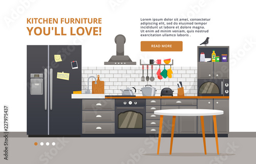Furniture design banner concept. Kitchen modern design business template. Kitchen interior with furniture. Illustration slide for furniture website.