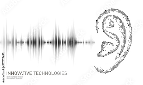 Sound recognition voice assistant low poly. Wireframe mesh polygonal 3D render ear sound radio wave innovative technology waveform. Audio equalizer digital computer concept vector illustration