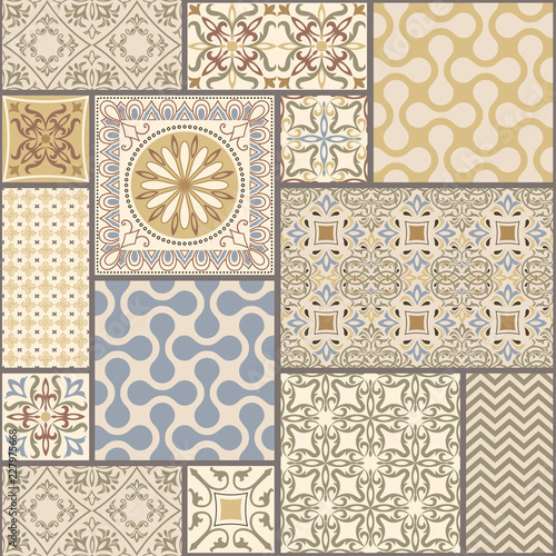 Seamless tile pattern. Colorful lisbon, mediterranean floral ornament pattern. Square flower mosaic. Islam, Arabic, Indian, Turkish, Pakistan, Chinese Moroccan, Portuguese Ottoman motifs.