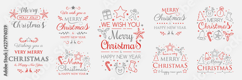 Set with Christmas ornaments and wishes. Vector.