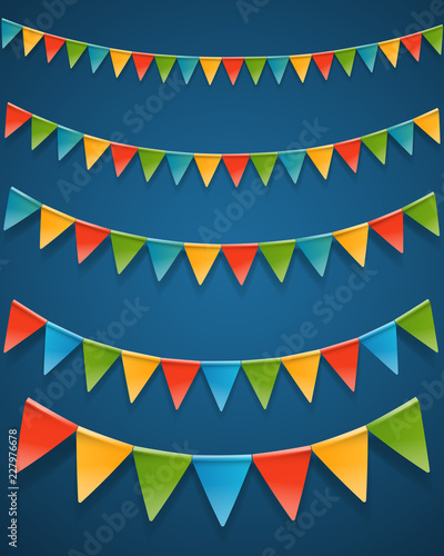 Color triangle flags garlands on dark background. Vector clipart