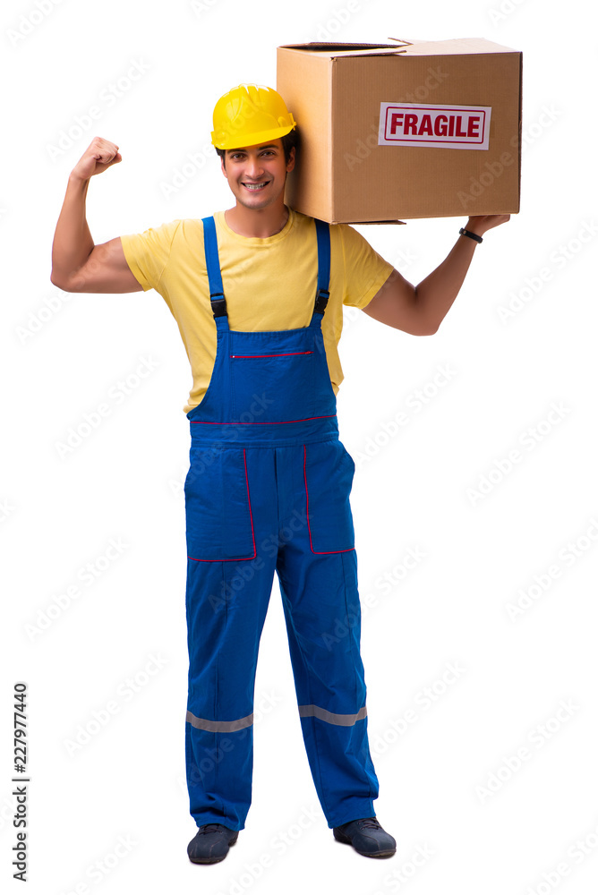 Young contractor with fragile boxes isolated on white Young contractor with fragile boxes isolated on white