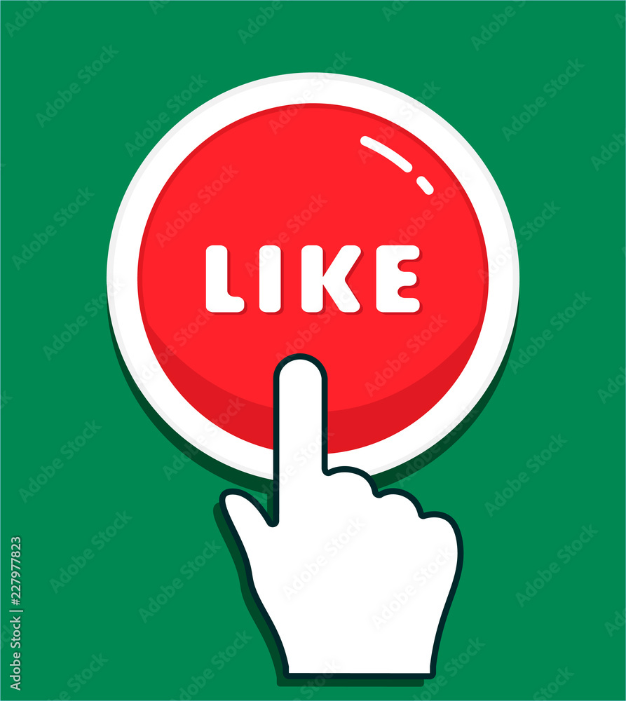 Hand cursor clicks the round Like button. Hand icon pointer. Illustration for graphic and web design. Hand cursor clicks the round Like button. Hand icon pointer. Illustration for graphic and web design.