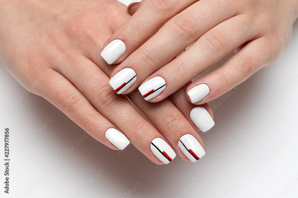 Delicate White Manicure With Black Red Stripes On Square Short Nails On A White Background Close Up Stock Photo Adobe Stock Delicate White Manicure With Black Red Stripes On Square Short Nails On A White Background Close Up Stock Photo Adobe Stock