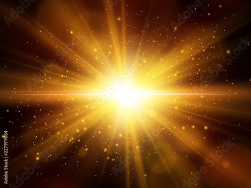 Light effect. Star burst with sparkles. Gold glitter texture