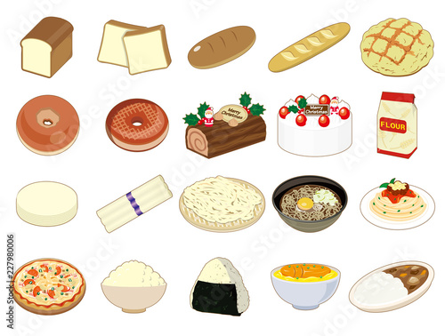 食材アイコン・イラスト【穀物】①（パン、ごはん、そば、うどん、小麦粉）