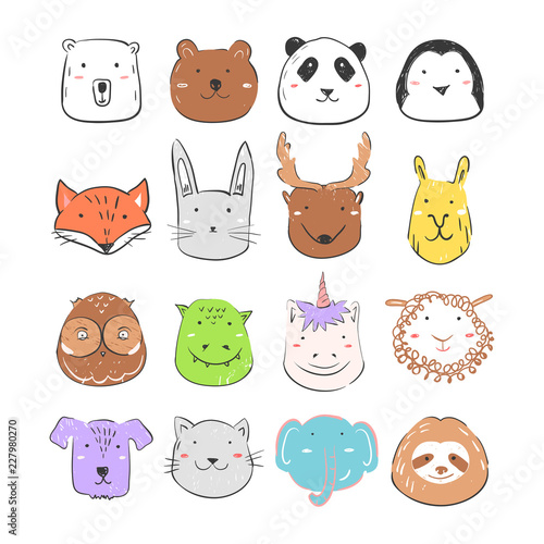 Fototapeta Naklejka Na Ścianę i Meble -  Cute forest and fantasy animals collection for baby print, card and invitation. Cartoon vector illustration. Bear, panda, sloth, fox and owl faces set. Portraits for children's goods